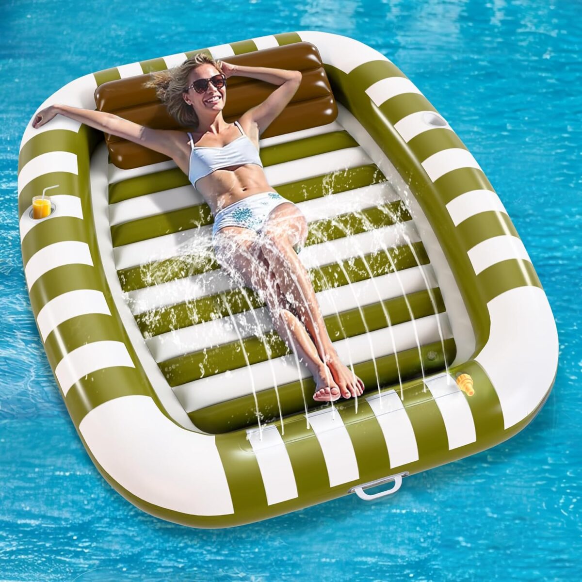 Pool Wave Inflatable Pool Lounger Floats, 80" x 66" Large Tanning Bed for Adult Kids, Outdoor Sun Bathing Floating Blow up Raft W/Pillow, Spray Water Mat, Summer Beach Lake Family Party Gift - Green