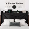 Feonase Queen Bed Frame with Charging Station, Upholstered Platform Bed Frame with Wingback Storage Headboard, Solid Wood Slats Support, No Box Spring Needed, Black - Image 4