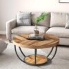 LITTLE TREE Round Coffee Table, 32" Circle Coffee Table for Living Room, 2-Tier Wood Accent Center Table with Open Storage Industrial Design Home Furniture (Wood Grain and Black) - Image 2