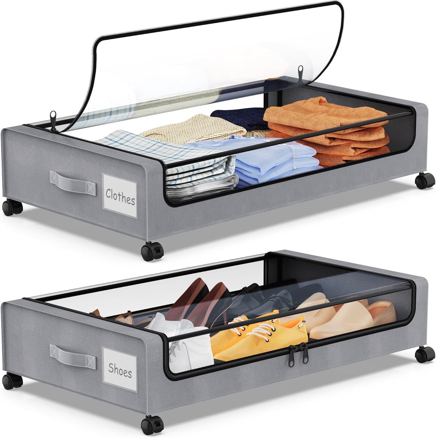 Under Bed Storage with Wheels, 2-Pack Under Bed Storage Containers with Clear Lids & Label, XXL 60L Rolling Metal Drawer for Clothes, Shoes, Toys, Books - Gray