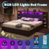AMERLIFE King Size Lift Up Storage Bed Frame, 45.1" LED Bed Frame with 2 Side Shelves & Bookcase Headboard, Farmhouse Wood Platform Bed with Charging Station, No Box Spring Needed, Black - Image 4
