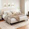 King Size Bed Frame,King Size Platform Bed Frame and Velvet Upholstered Headboard with Strong Wood Slats, Box Spring Optional, Mattress Foundation, Easy Assembly Beige - Image 3