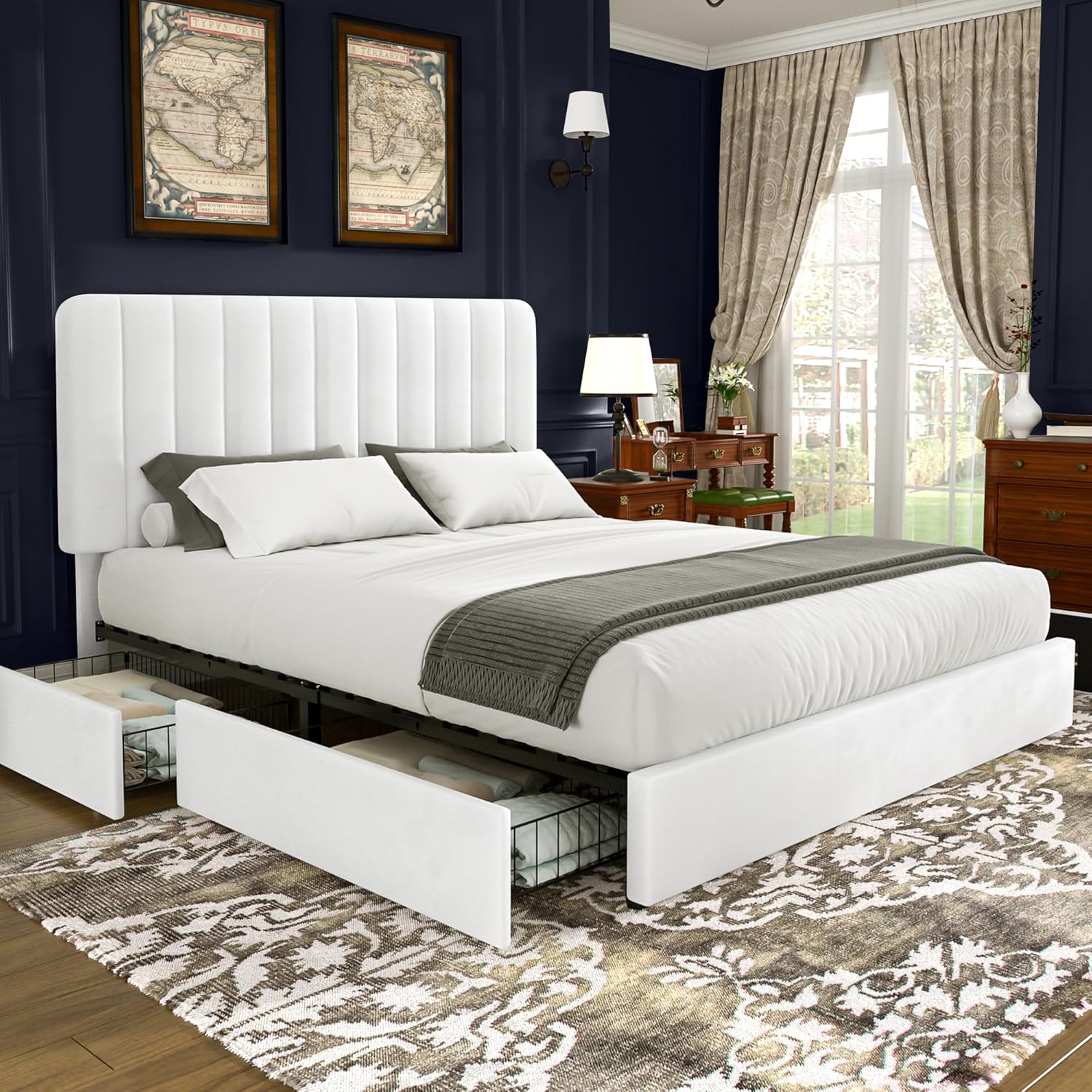 VECELO King Size Upholstered Bed Frame with 4 Drawers and Headboard, Velvet Platform Storage Bedframe, Wooden Slats Support, No Box Spring Needed,White