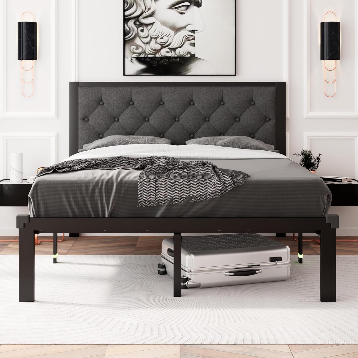 Feonase Full Size Metal Bed Frame, Heavy-Duty Platform Bed Frame with Linen Upholstered Headboard, 12" Storage Space, Steel Slats Support, No Box Spring Needed, Gray