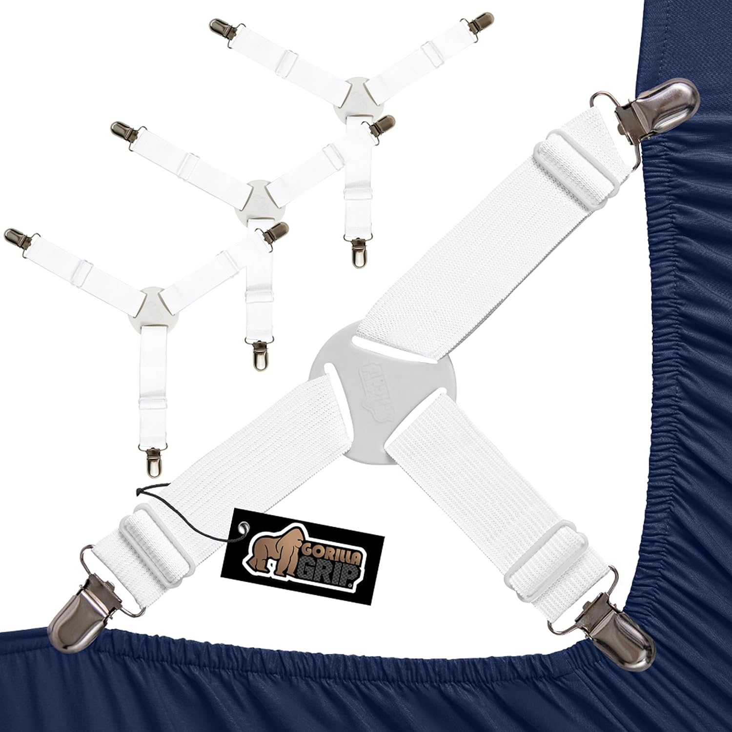 GORILLA GRIP Patent Pending Bed Sheet Straps, Adjustable Elastic Fasteners with Metal Clips, Keep in Place Fitted Bedding Holder, Easy Install Suspenders Mattress, Firm Tight Accessories, 4 Pack White
