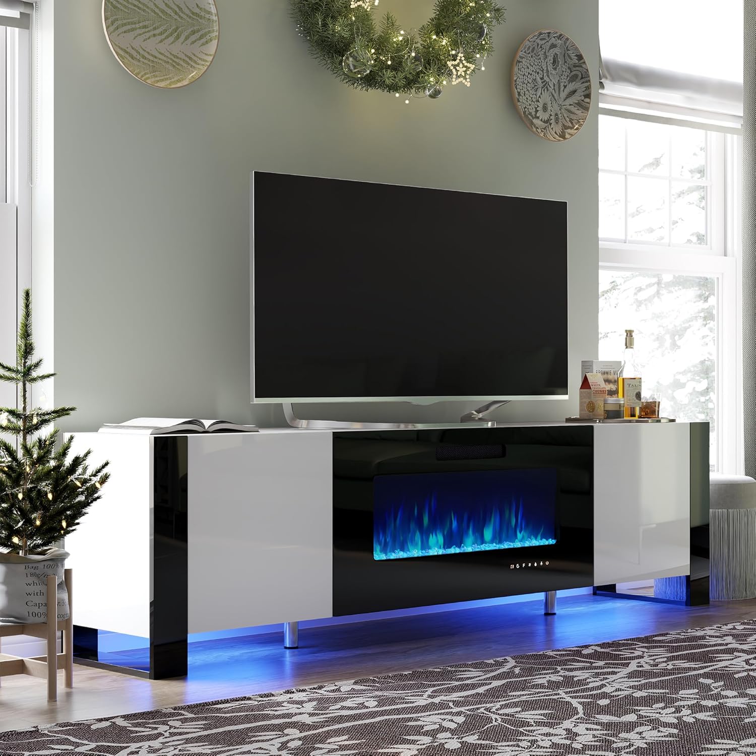 VanAcc 70" Fireplace TV Stand with 36" Electric Fireplace, High Gloss Entertainment Center with LED Lights, Modern Entertainment Stand for TVs up to 80", White&Black