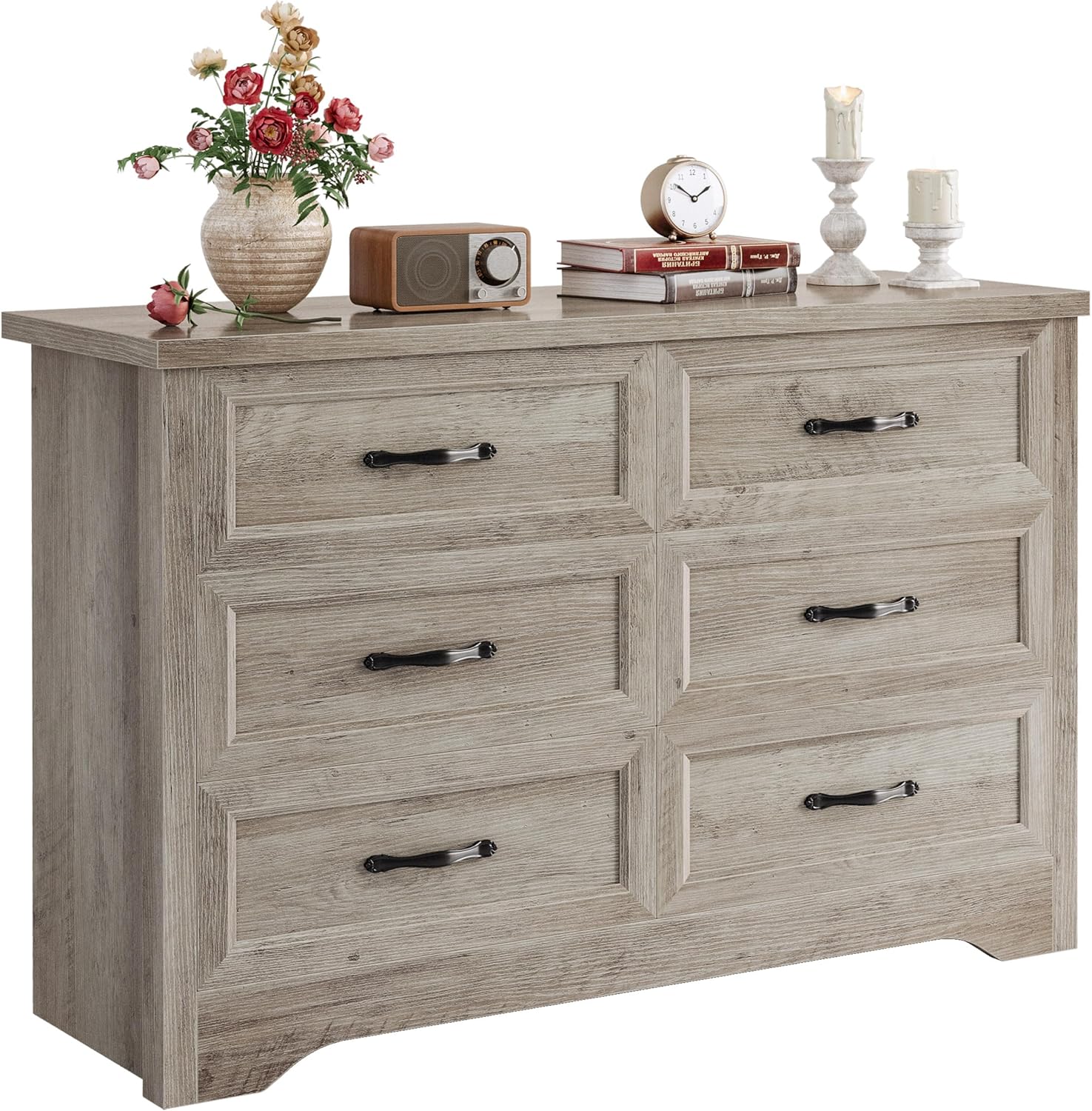 LIKIMIO Dresser for Bedroom, Modern 6 Drawer Double Dresser for Bedroom with Black Handle, Wide Wood Dressers & Chests of Drawers, 6 Drawer Dressers for Hallway, Gray