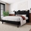 Feonase Queen Bed Frame with Charging Station, Upholstered Platform Bed Frame with Wingback Storage Headboard, Solid Wood Slats Support, No Box Spring Needed, Black - Image 3