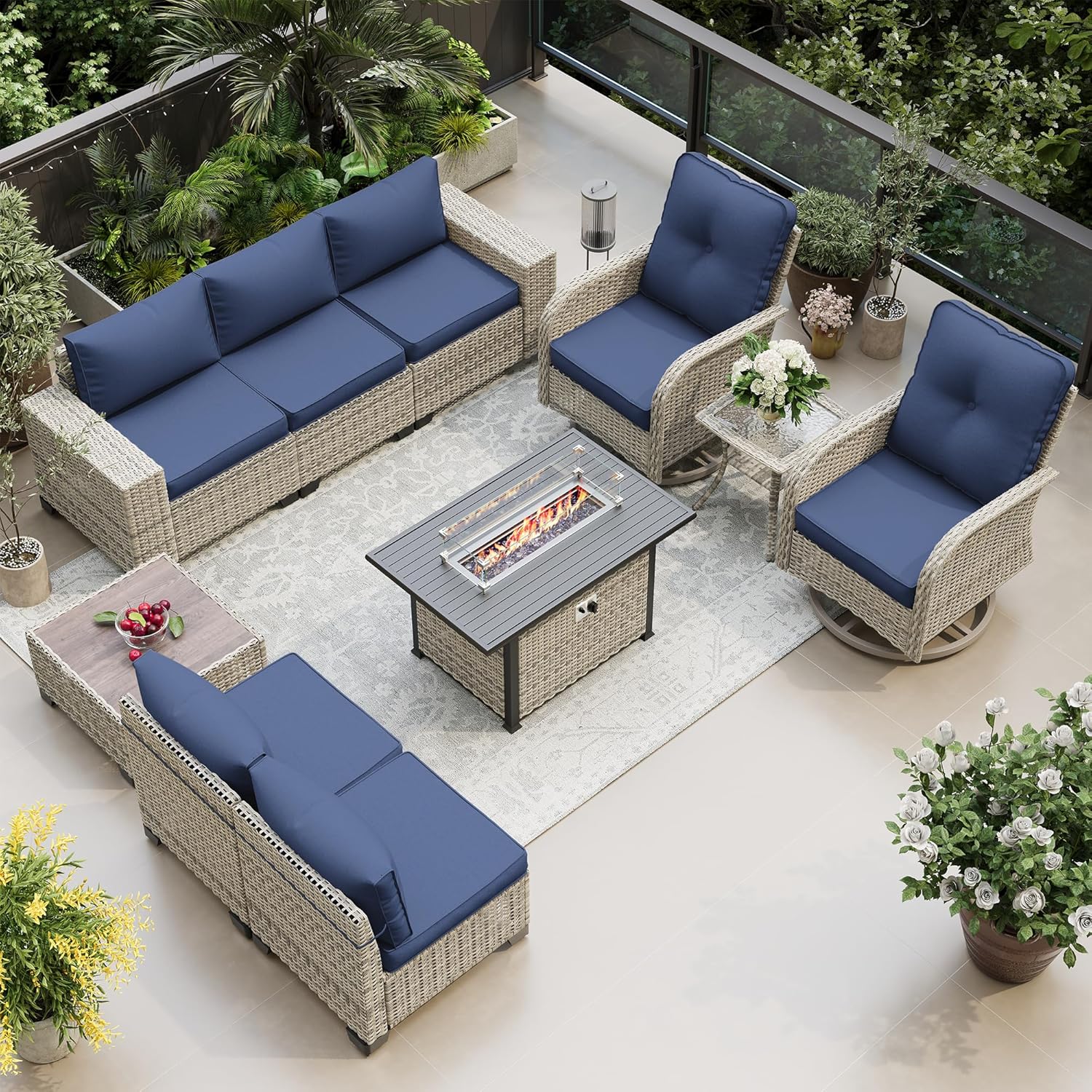 10-Piece Outdoor Patio Furniture Set with Rocking Swivel Chair, PE Wicker Rattan Sectional Sofa Patio Conversation Set with 55,000 BTU Fire Pit Table & Coffee Table, Navy Blue