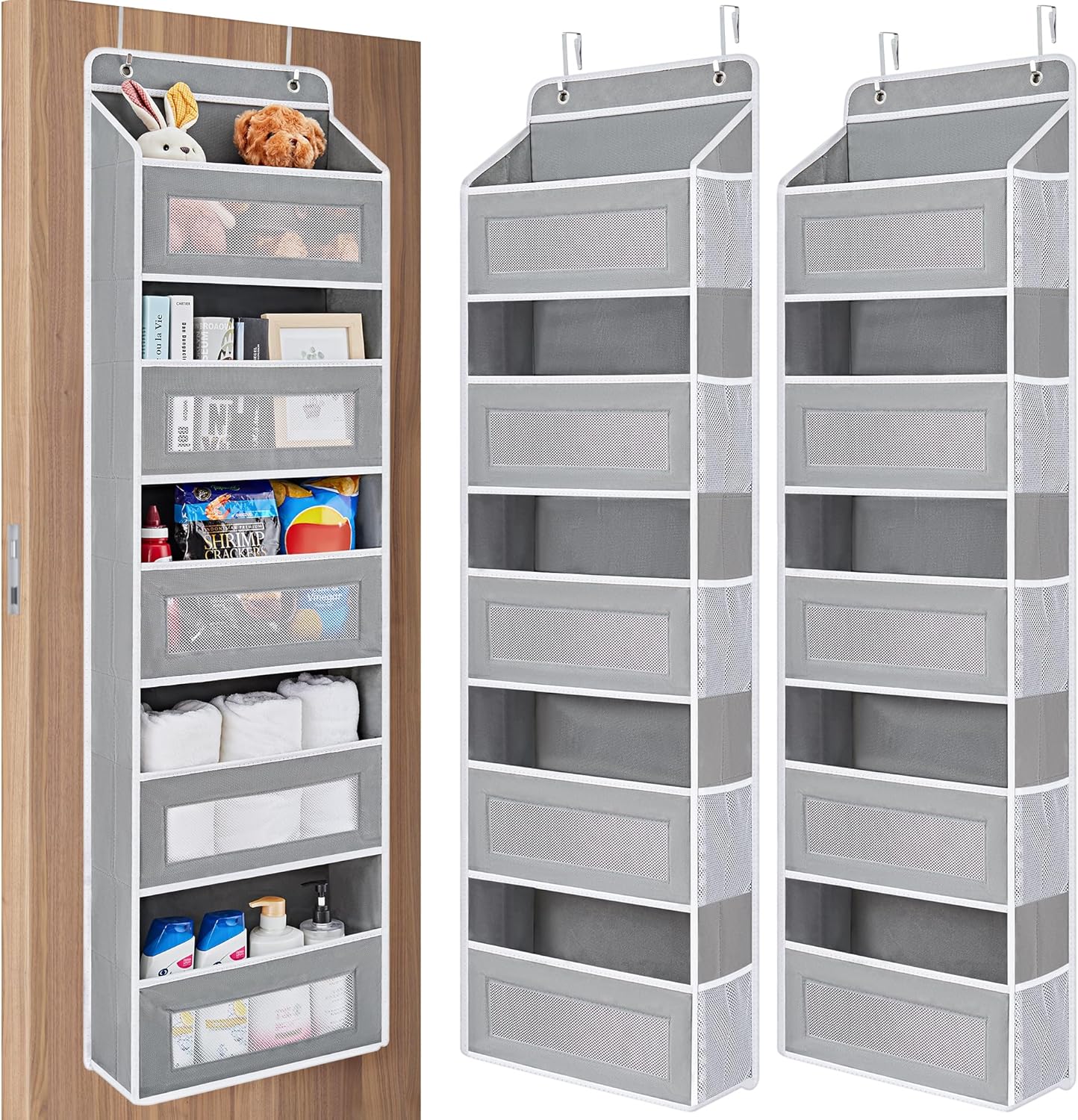 JARLINK 2 Pack Over The Door Organizer Storage, 5 Shelf Hanging Door Organizer with 5 Large Capacity Pockets, Anti Tilt 44 lb Load Behind Door Organizer for Bedroom, Bathroom, Pantry, Nursery, (Grey)