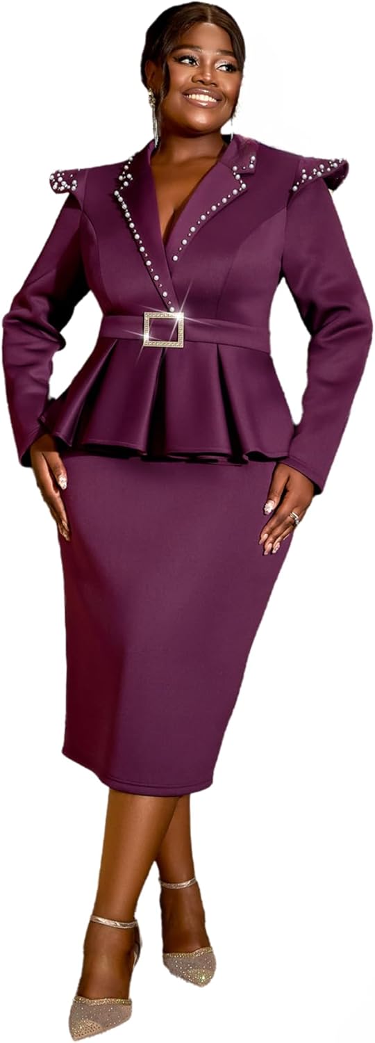 AOMEI Elegant Women's Peplum Bodycon Dress Luxury Pearl Lapel V Neck Long Sleeve Pencil Sheath Dresses