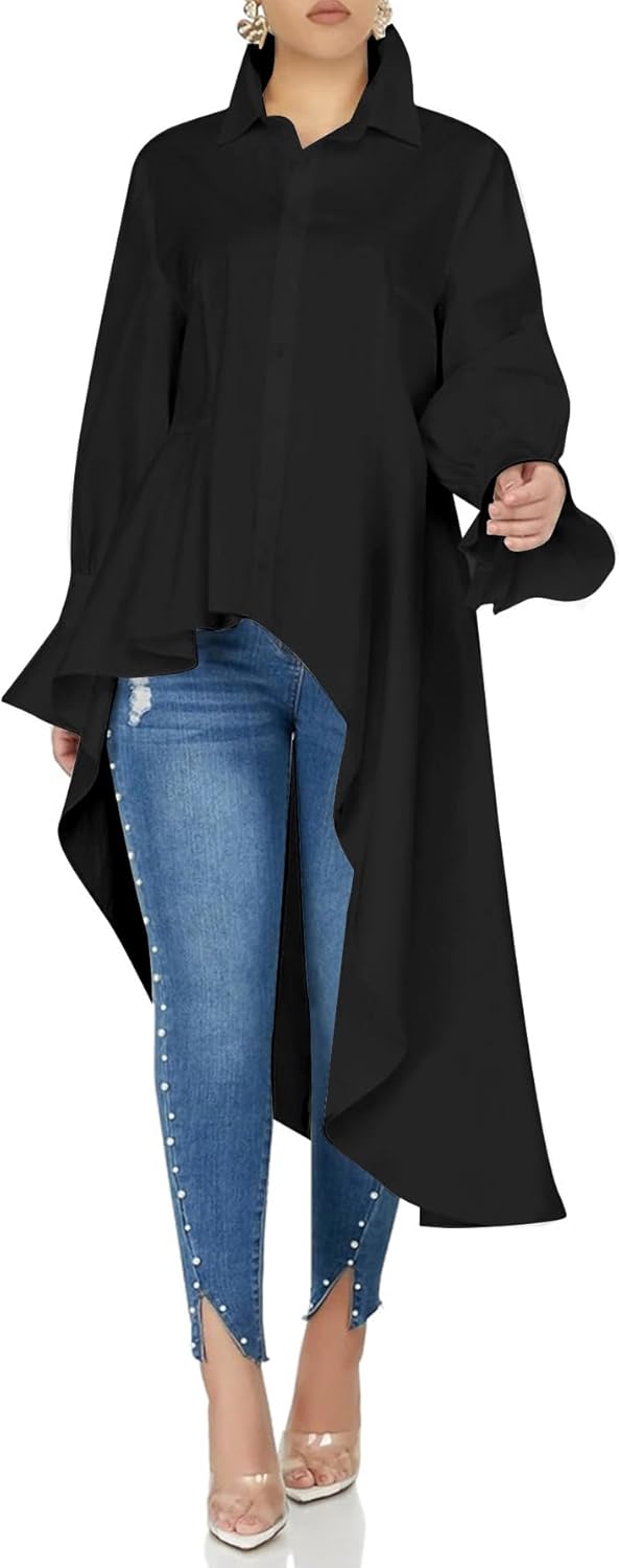 Umenlele Women’s Button Down Long Sleeve Asymmetric Ruffle High Low Hem Blouse Shirt Top