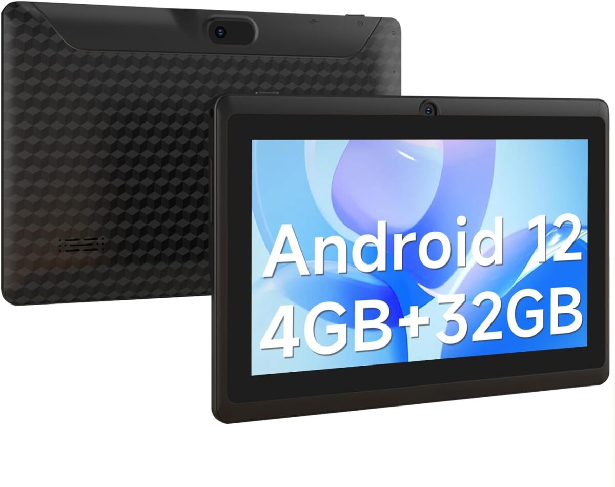 Android 12 Tablet 7 inch, 4GB(2GB+2GB Expand) RAM 32GB ROM Tablets, Quad-Core 1.5GHz Processor, Dual Camera,1024 x 600 IPS HD Display Screen,512GB Expand, WiFi, BT, 7" Tablet Black
