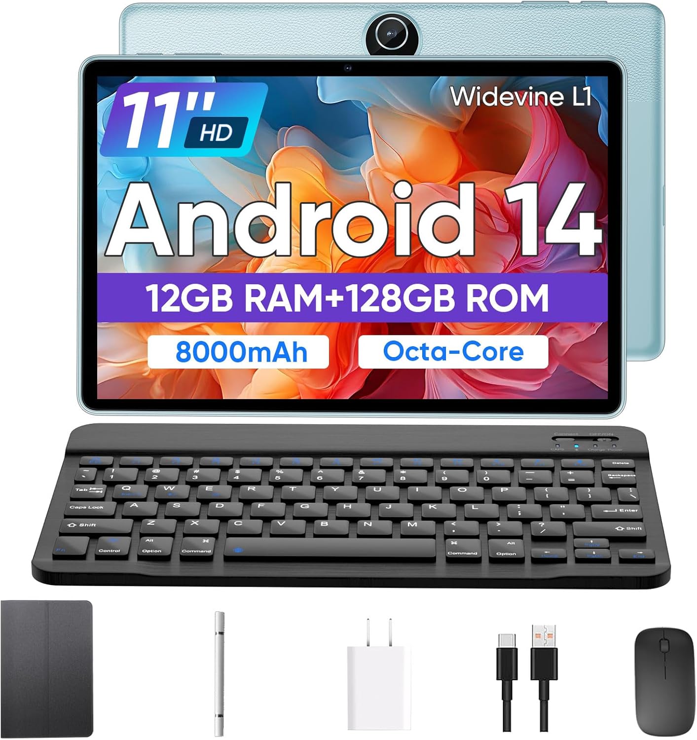 Tablet 11 inch Android 14 Tablet, 12GB RAM+128GB ROM, Octa-Core Tablets with Keyboard, GPS, 8000mAh, 800x1280 FHD Display, Dual Camera, WiFi, Bluetooth (Blue)