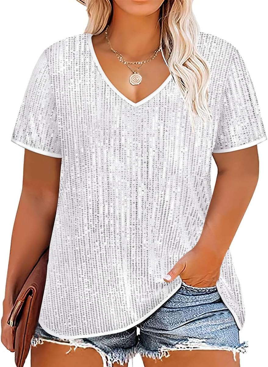 TIYOMI Plus Size Sequin Tops Short Sleeve Shirts for Women V-Neck Party Sparkly Tunics XL-5XL