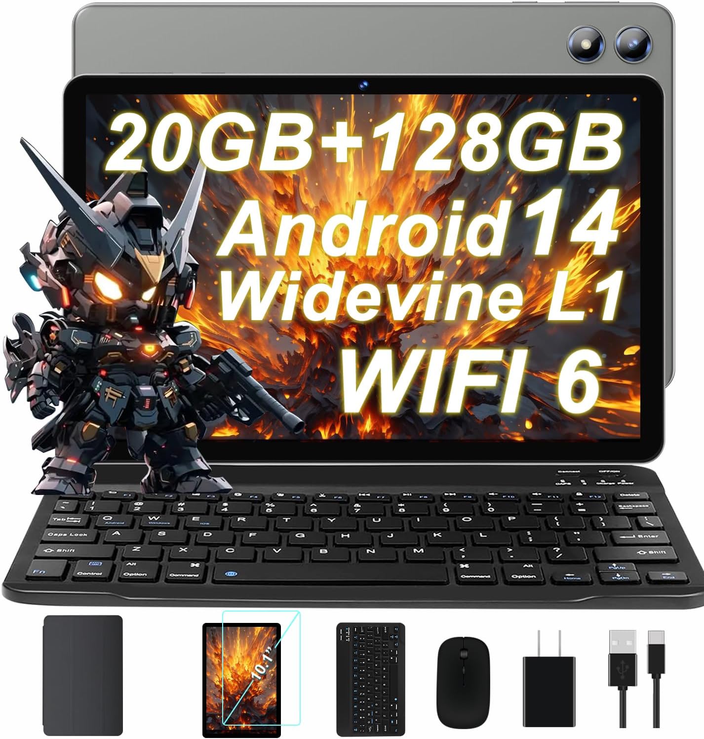 Android Tablet with Keyboard, 2025 Octa-Core 10 Inch Android 14 Tablet w/ 20GB RAM 128GB ROM 1TB Expand, WiFi 6, 6000mAh Battery, 1280x800 IPS Display, Widevine L1, Split Screen Mouse, Case -Grey