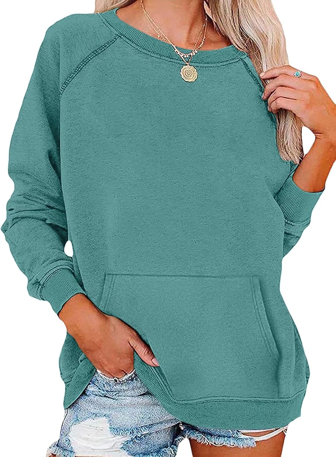 EADINVE Womens Casual Crew Neck Sweatshirt with Pockets Loose Fit Soft Long Sleeve Lightweight Pullover Tops Fall Clothes
