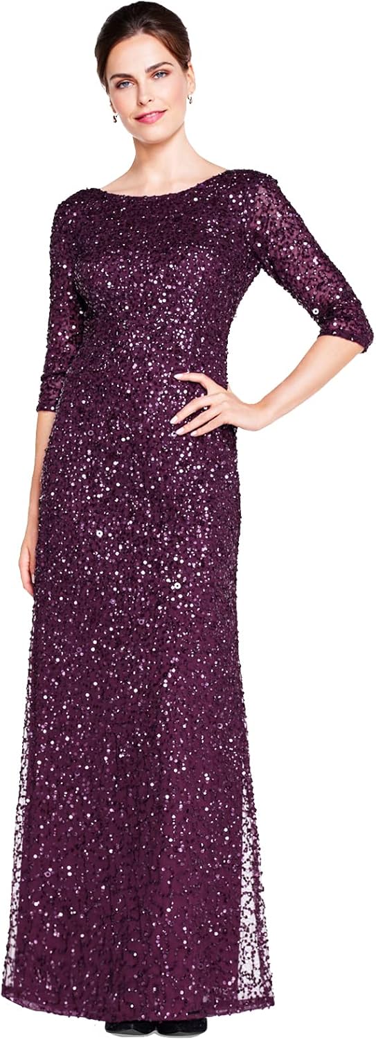 Adrianna Papell Women's 3/4 Sleeve Scoop Back Beaded Gown