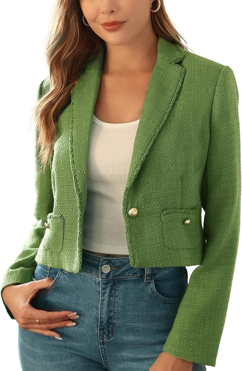 M.Infisavo Women's Crop Tweed Blazer 2025 Fashion Elegant Notch Lapel Open Front Cardigan Casual Office Jacket Pockets