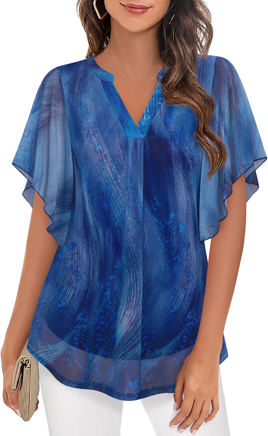 Timeson Women's Short Sleeve V Neck Blouses Shirts Floral Double Layers Mesh Tunics Tops
