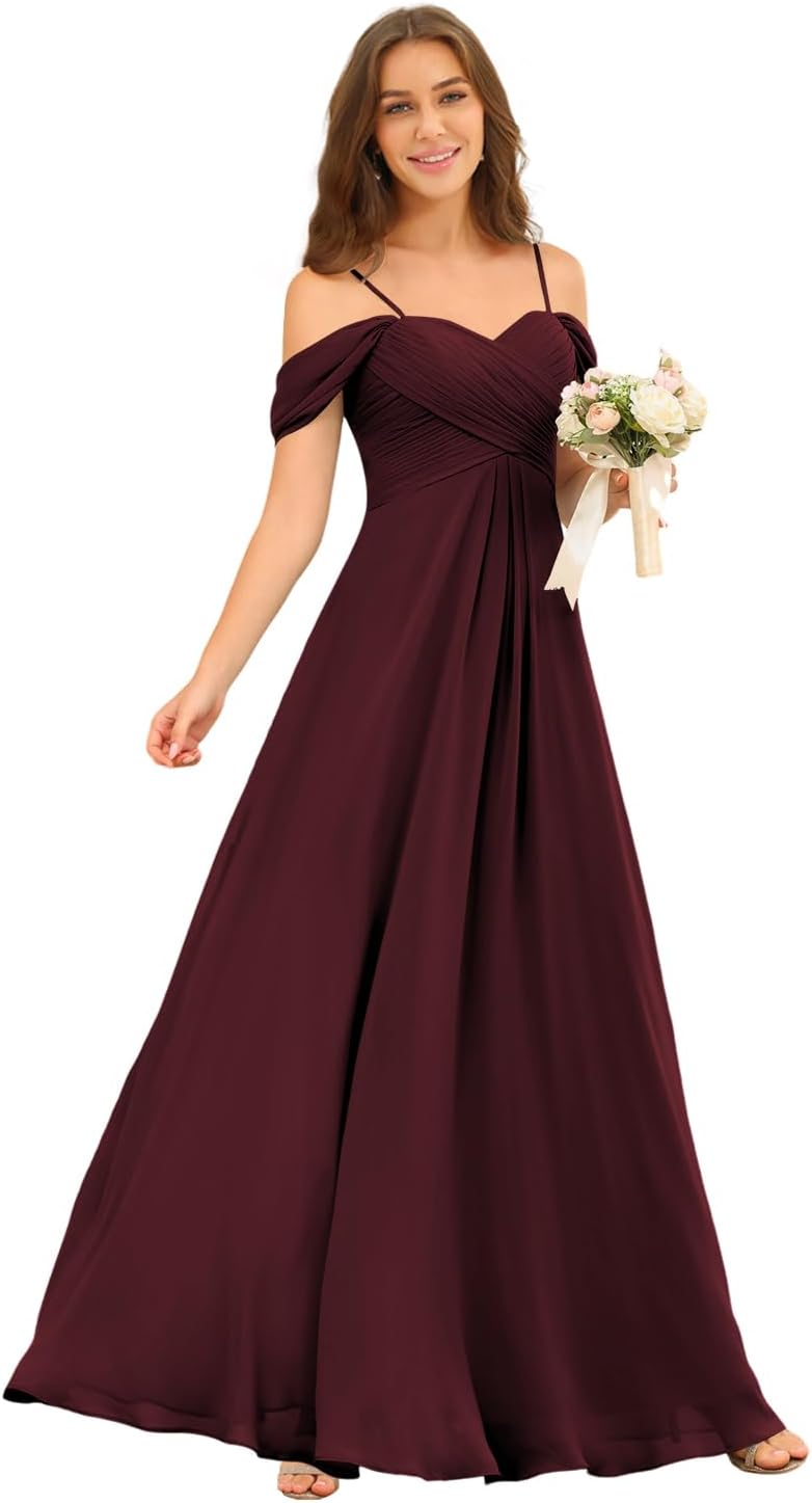 Miao Duo Off Shoulder Long Bridesmaid Dresses 2025 with Pockets A Line Chiffon Formal Dress for Women Wedding MD1201