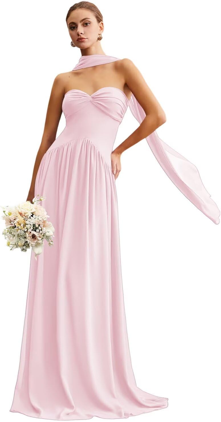 YMSHA Scarf Bridesmaid Dresses for Women Long Chiffon Sweetheart Pleated Formal Dress YMS160