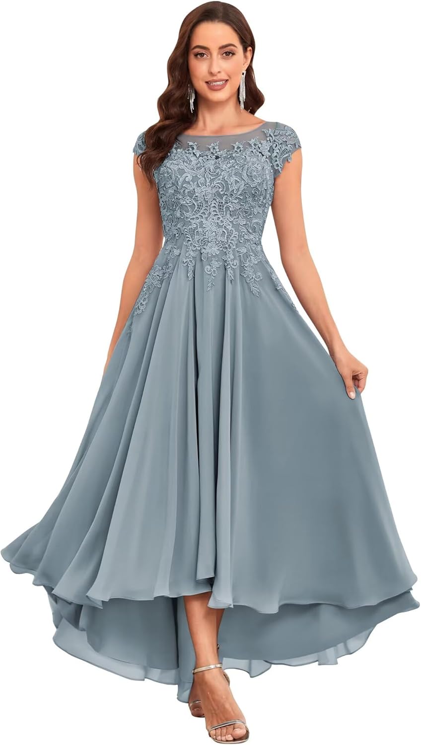 Tea Length Mother of The Bride Dresses for Women Wedding Cap Sleeves Lace Foral Formal Dress with Pockets