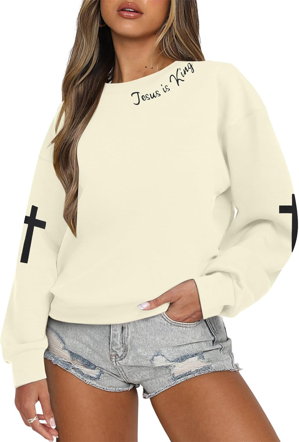 TAOHONG Oversized Christian Sweatshirts for Women Jesus is King Sweatshirt Faith Shirt Bible Verse Religious Pullover Tops