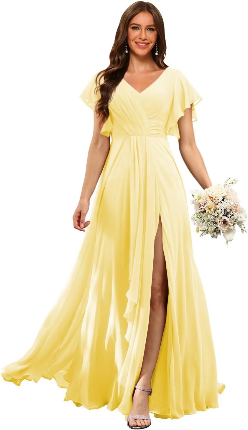 RSOETOO Women's Flutter Sleeves Bridesmaid Dresses 2025 with Slit Chiffon V Neck Formal Party Dress RO291