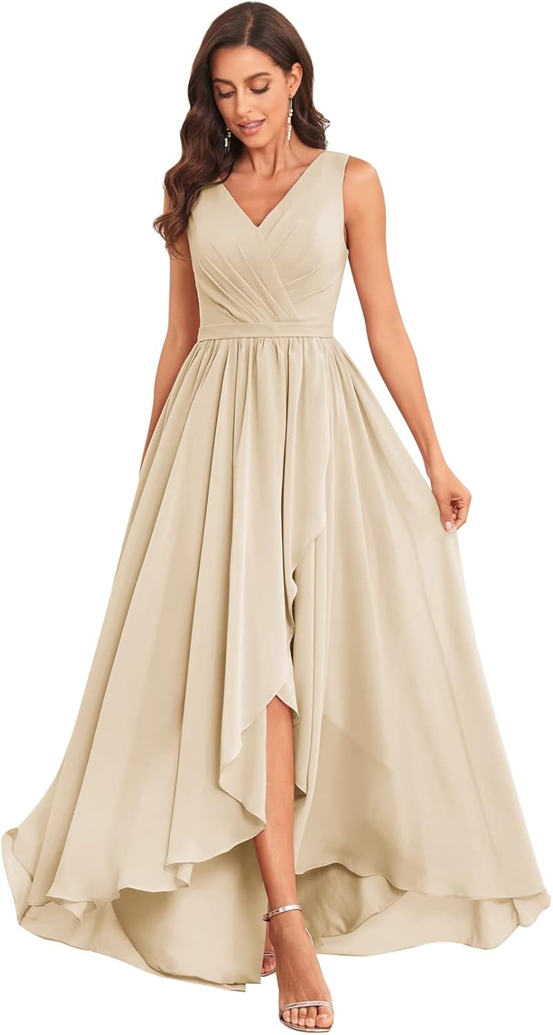 MAGGCIF V Neck Bridesmaid Dresses Long for Women with Pockets A Line Chiffon Formal Evening Gowns