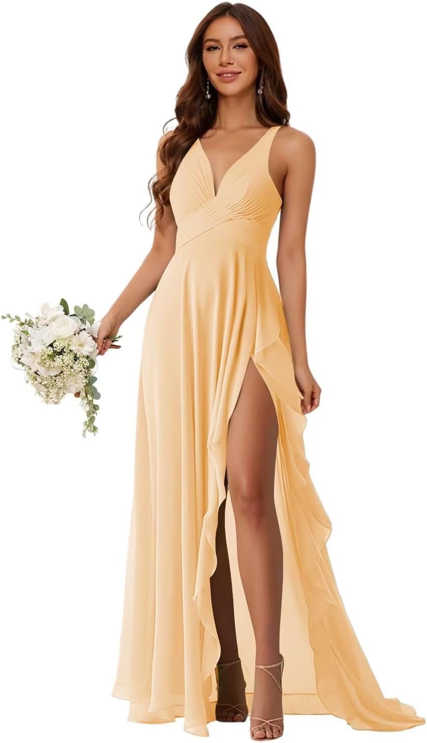 Pretty Women’s V Neck Chiffon Bridesmaid Dresses Ruffles 2025 Pleated A-line Formal Evening Dress with Slit AD119