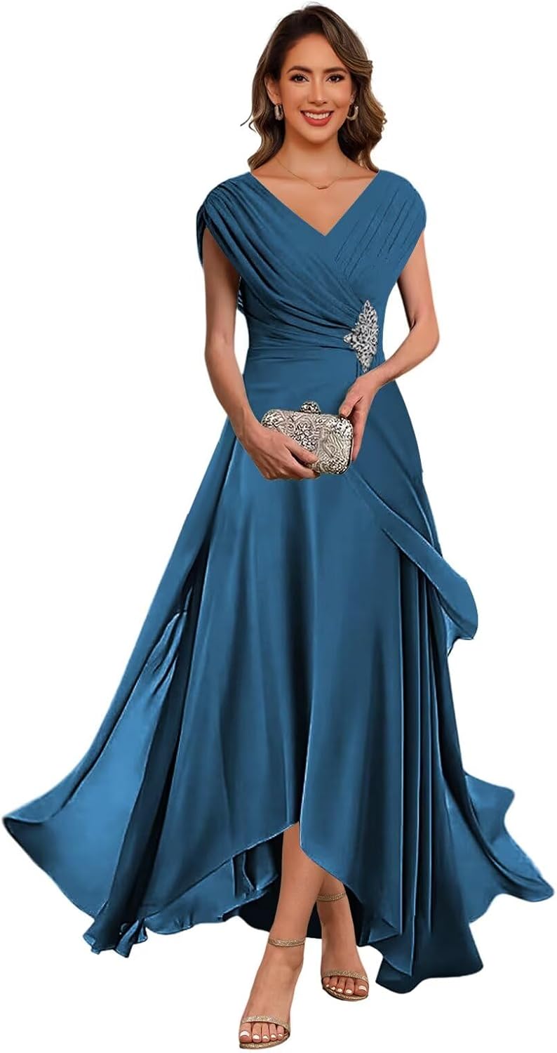 Lace Applique Chiffon Mother of The Bride Dresses Cap Sleeves Evening Gown V Neck Formal Dress for Wedding QA213
