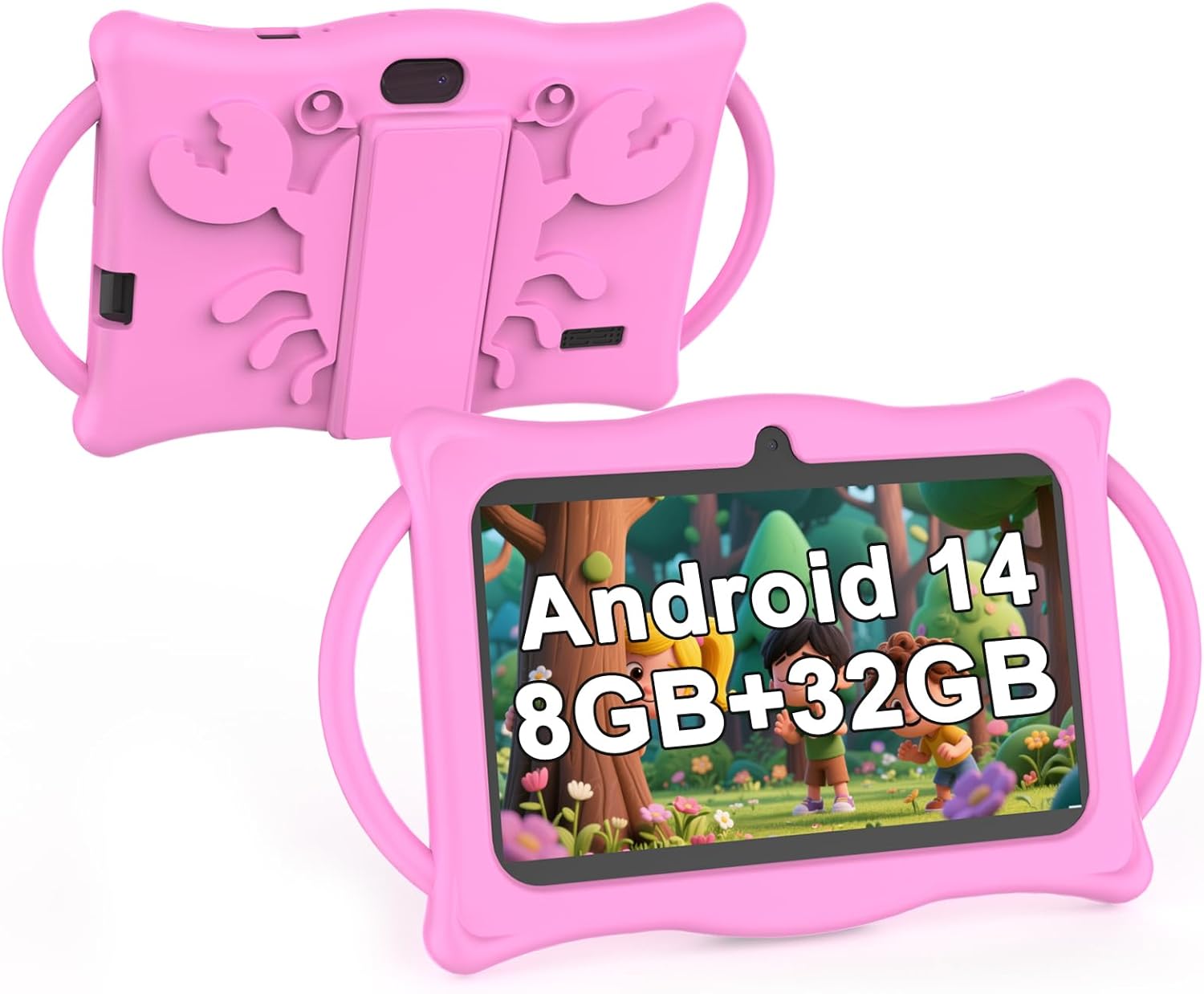 2025 Kids Tablet, 7 inch Android 14 Tablet for Kids, 8GB+32GB ROM+1TB Expand Quad-Core Toddler with Shockproof Case, BT, WiFi, Parental Control, Dual Camera, Games (Pink)