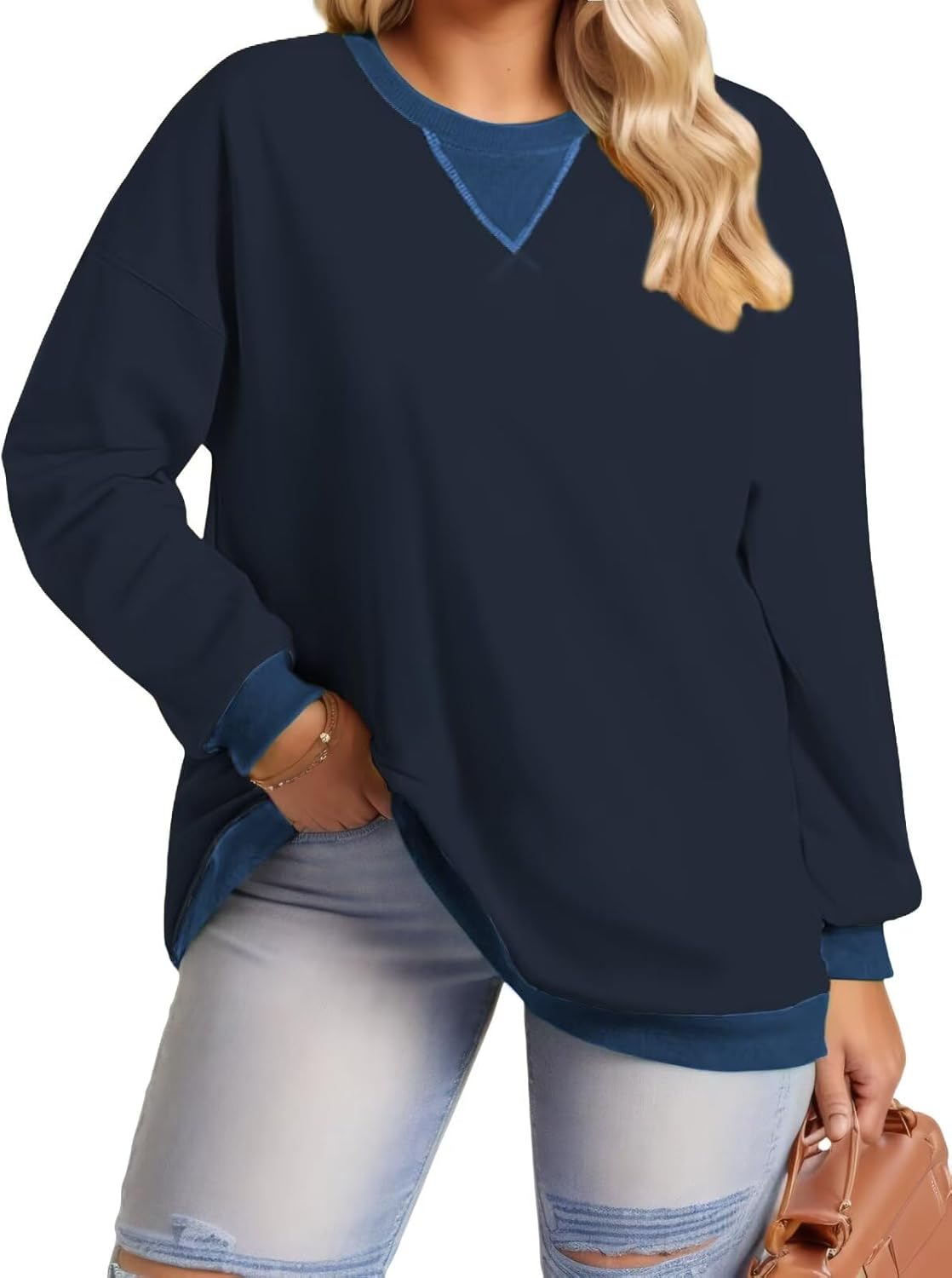 DOLNINE Plus-Size-Sweatshirts for Women Oversized Long Sleeve Tops Casual Crewneck Colorblock Pullover Tunic Shirts
