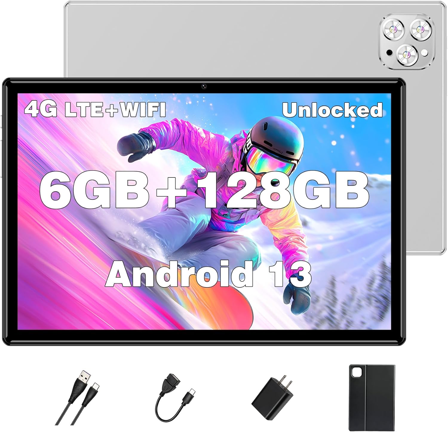 Tablet Android Tablets 10 Inch, Octa-Core Android 13 Unlocked with SIM Card Slot, 128GB ROM+6GB RAM, 5MP+13MP Camera/5G WIFI GPS/BT/6000mAh/1280*800 IPS Screen/Cellular Tablet with Case(Silver)