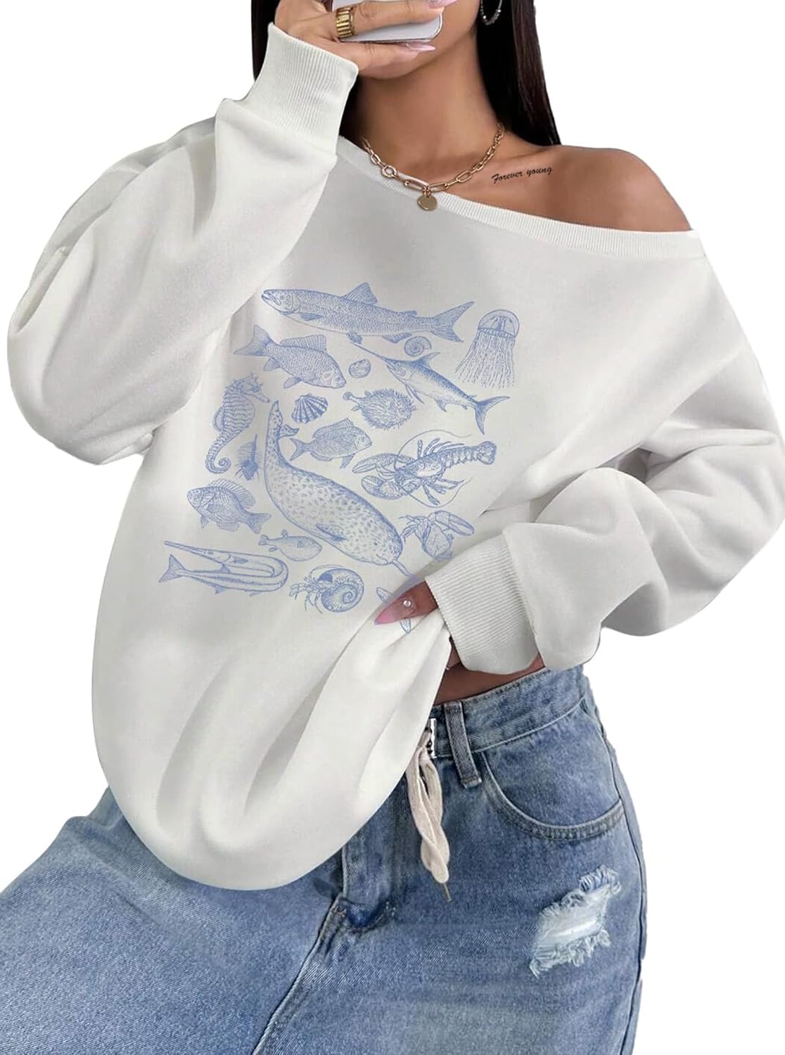 LovelyWholesale Women Off the Shoulder Sweatshirts Graphic Long Sleeve Pullover White Fish Medium