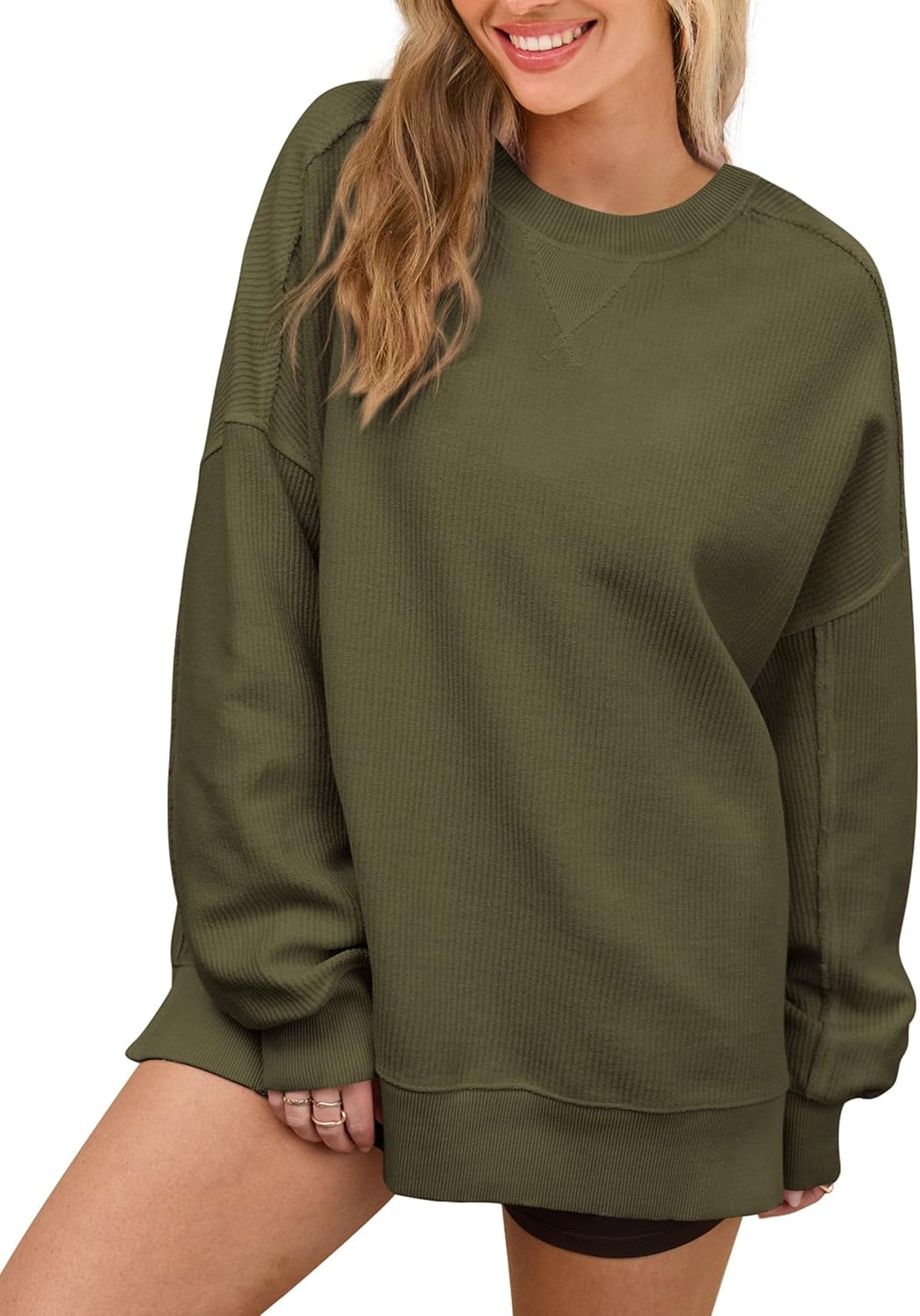 PRTTYGARDEN Womens Long Sleeve Tops 2025 Spring Loose Crewneck Sweatshirt Trendy Casual Ribbed Pullover Knit Outfit