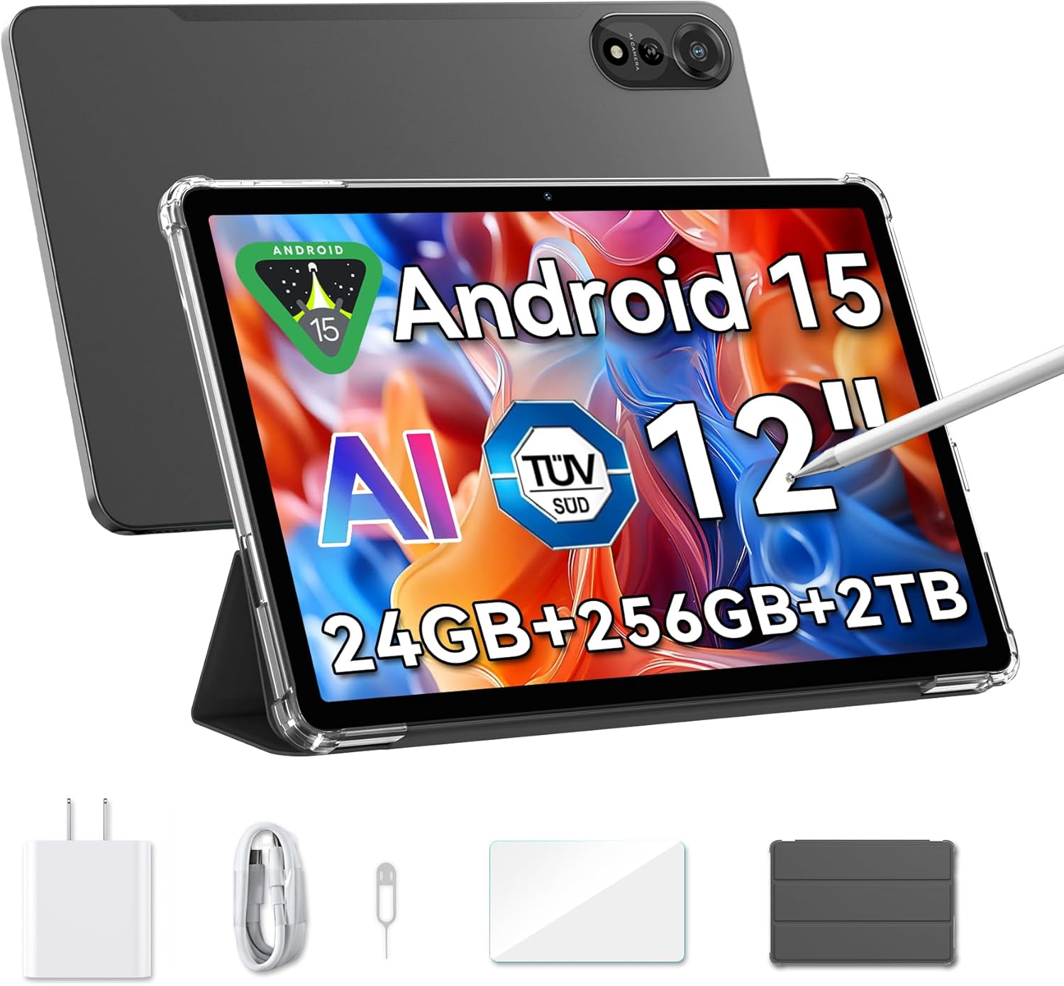 Blackview Android 15 Tablet Mega2 2025, 12 inch Android Tablet with FHD+2K Display, 24GB RAM + 256GB ROM, 9000mAh, Pen &Case, Octa-core Unisoc T615, Widevine L1, Google GMS, Gray