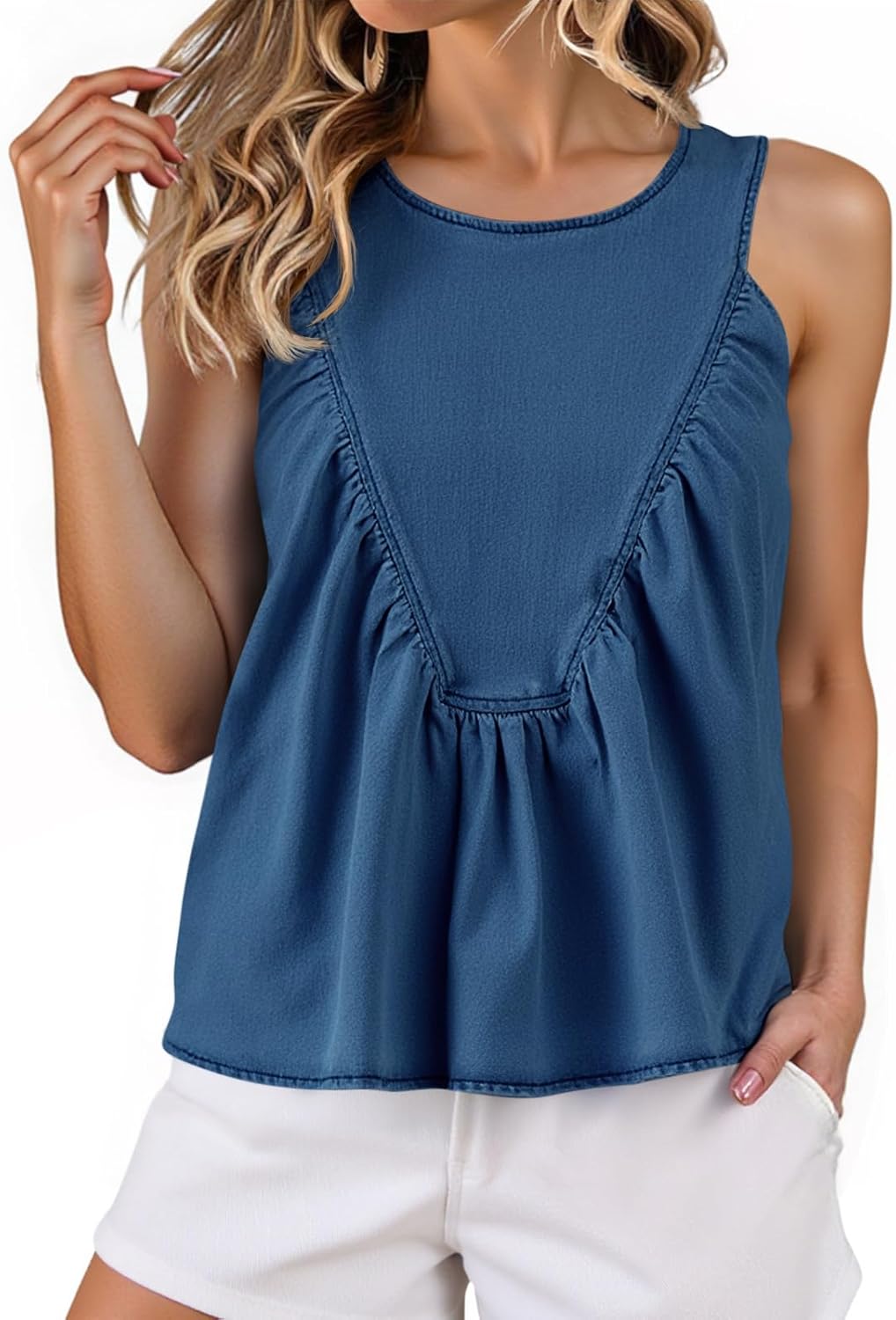 Cicy Bell Womens Babydoll Denim Tank Tops Peplum Swing Flowy Shirred Sleeveless Shirts Loose Fit Going Out Cute Tops