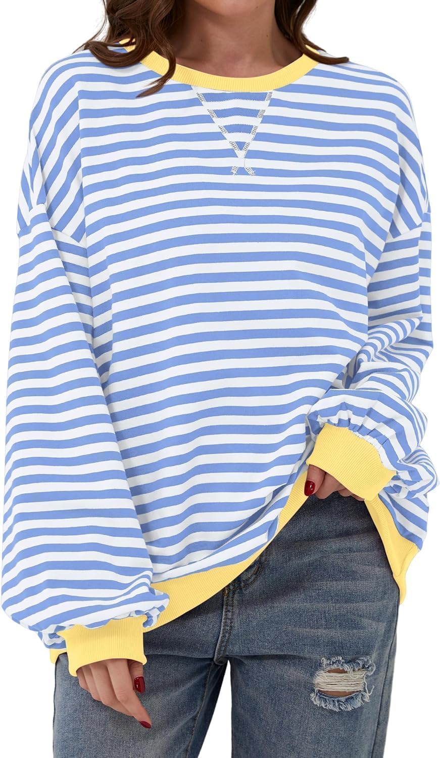 Womens Oversized Striped Sweatshirt Color Block Long Sleeve Shirt Crewneck Pullover Striped Sweater Y2k Clothes