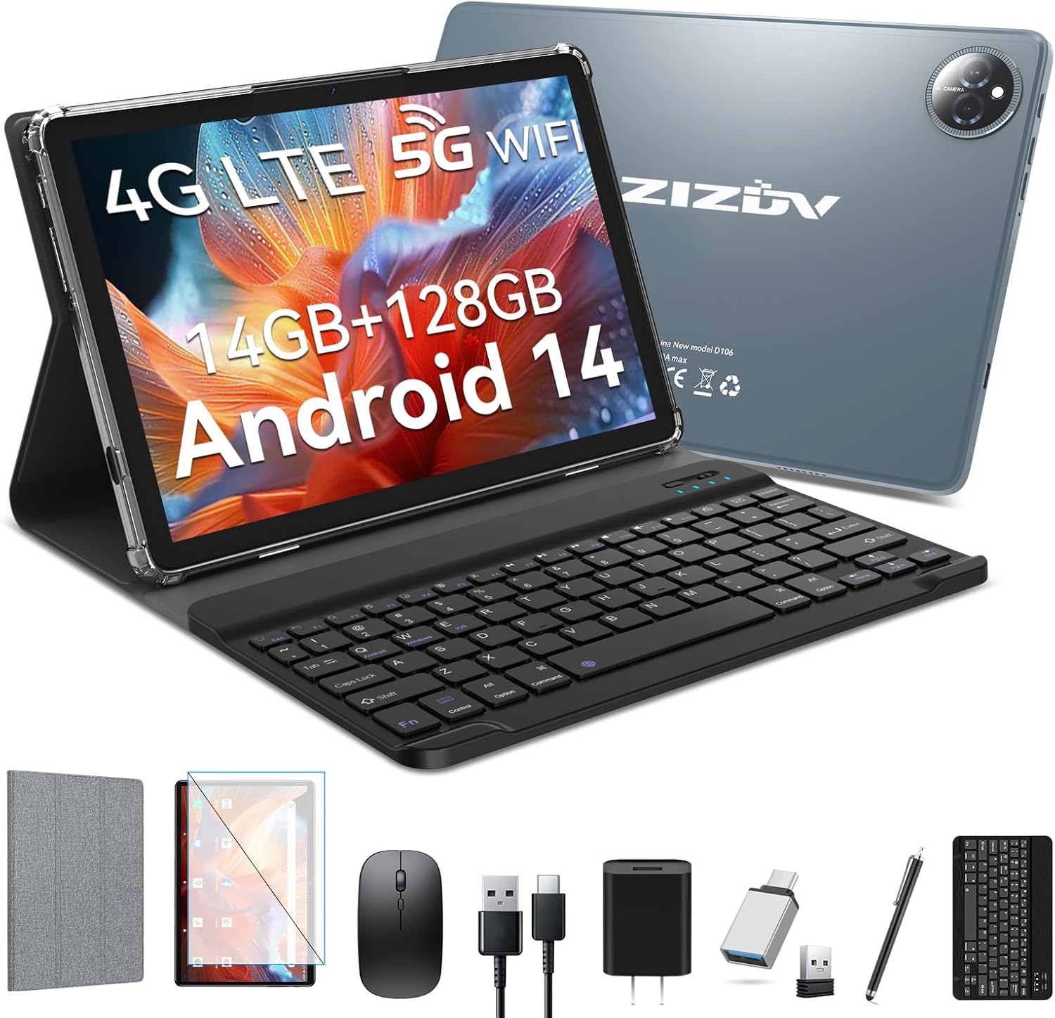 2025 Latest Android 14 Tablet, 4G Cellular Tablets with Dual Sim Slot, 14GB RAM 128GB ROM (TF 1TB) 10 inch Tablet, 2 in 1 Tablets with Keyboard, Octa-Core, Incell Display, 5G WiFi+4G LTE, 8000mAh, GPS