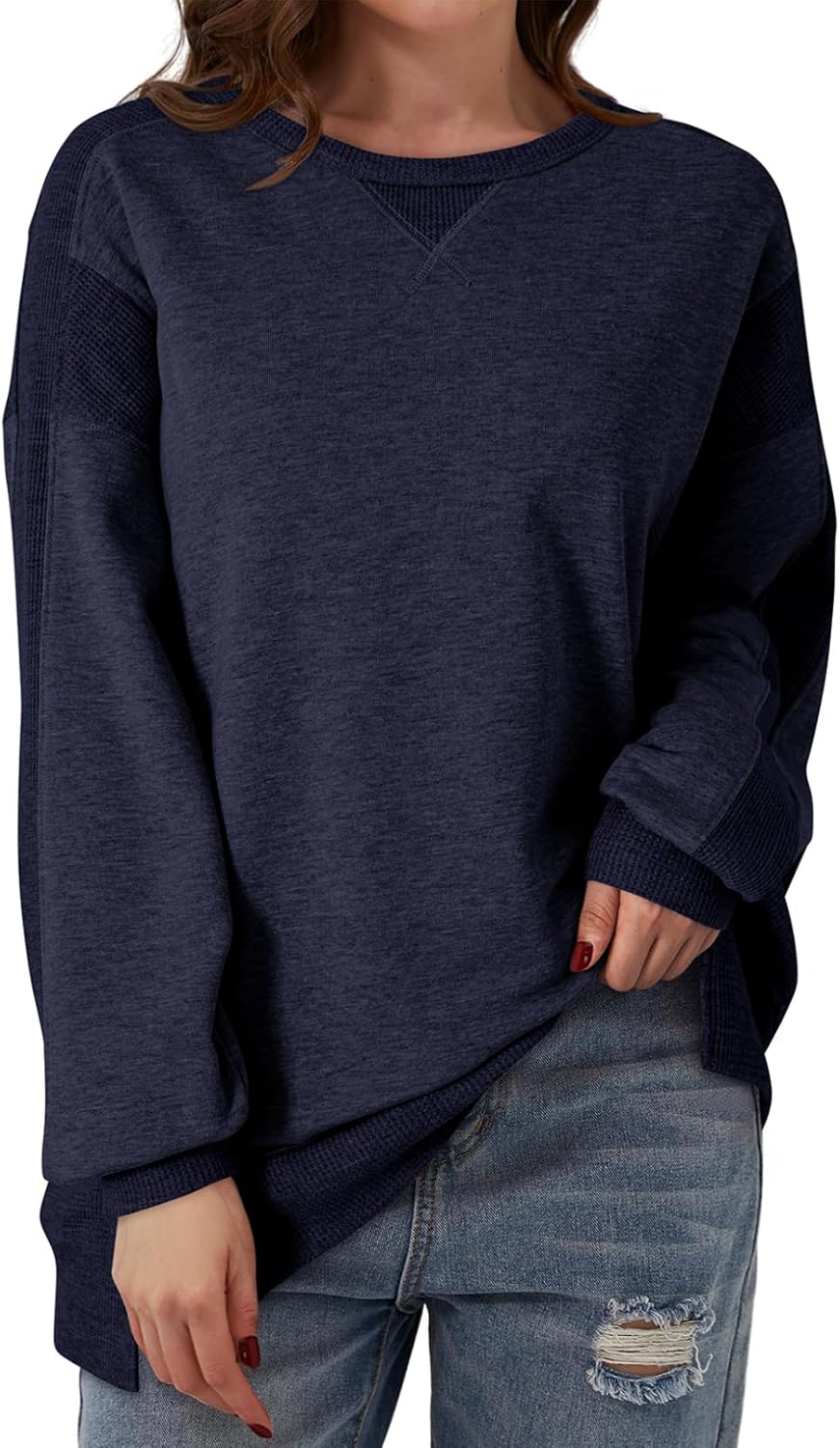 Dokotoo Oversized Sweatshirt for Women Casual Crewneck Long Sleeve Waffle Splicing Solid Pullover Sweatshirts Tops