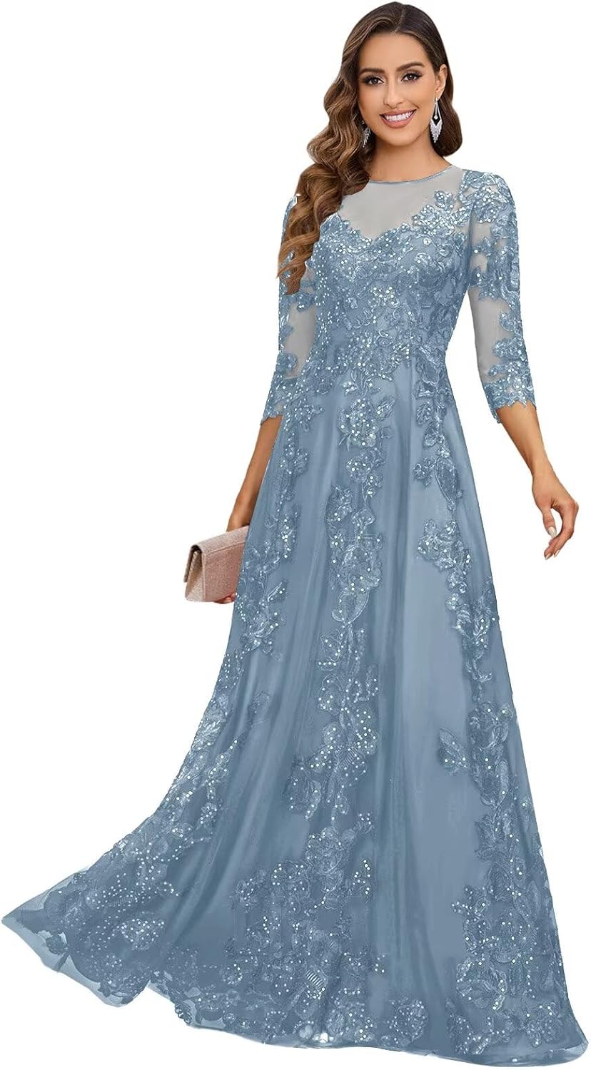 Lace Mother of The Bride Dress Petite for Wedding with Sleeves A-Line Tulle Formal Evening Gown