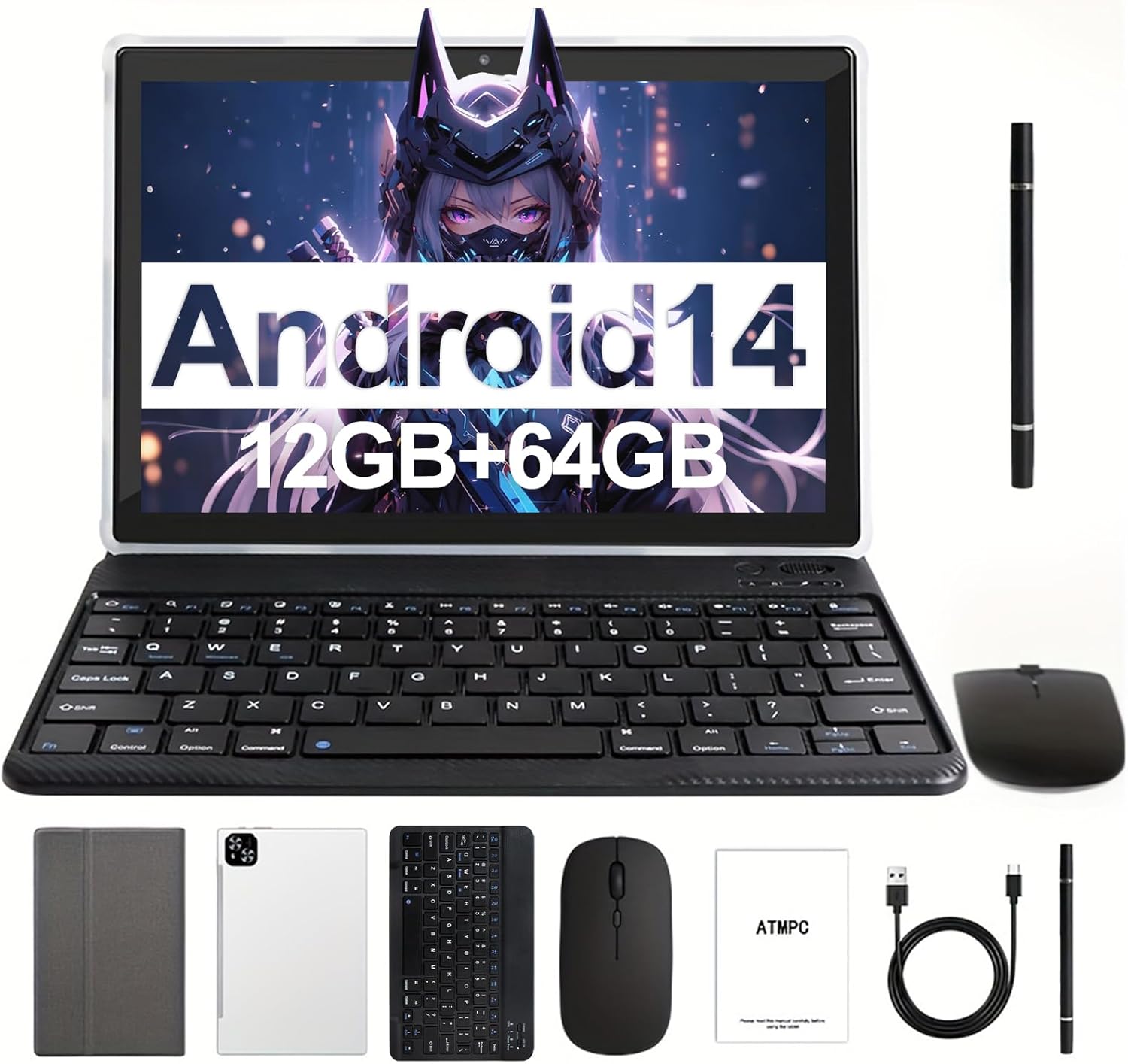 Tablet, 10.1" Android 14 Tablets Octa-Core Processor 12GB RAM 64GB ROM HD IPS Touchscreen, 2 in 1 Tablet with Keyboard, Mouse, Stylus, 8H Battery, WiFi 6, BT 5.4, Dual Camera