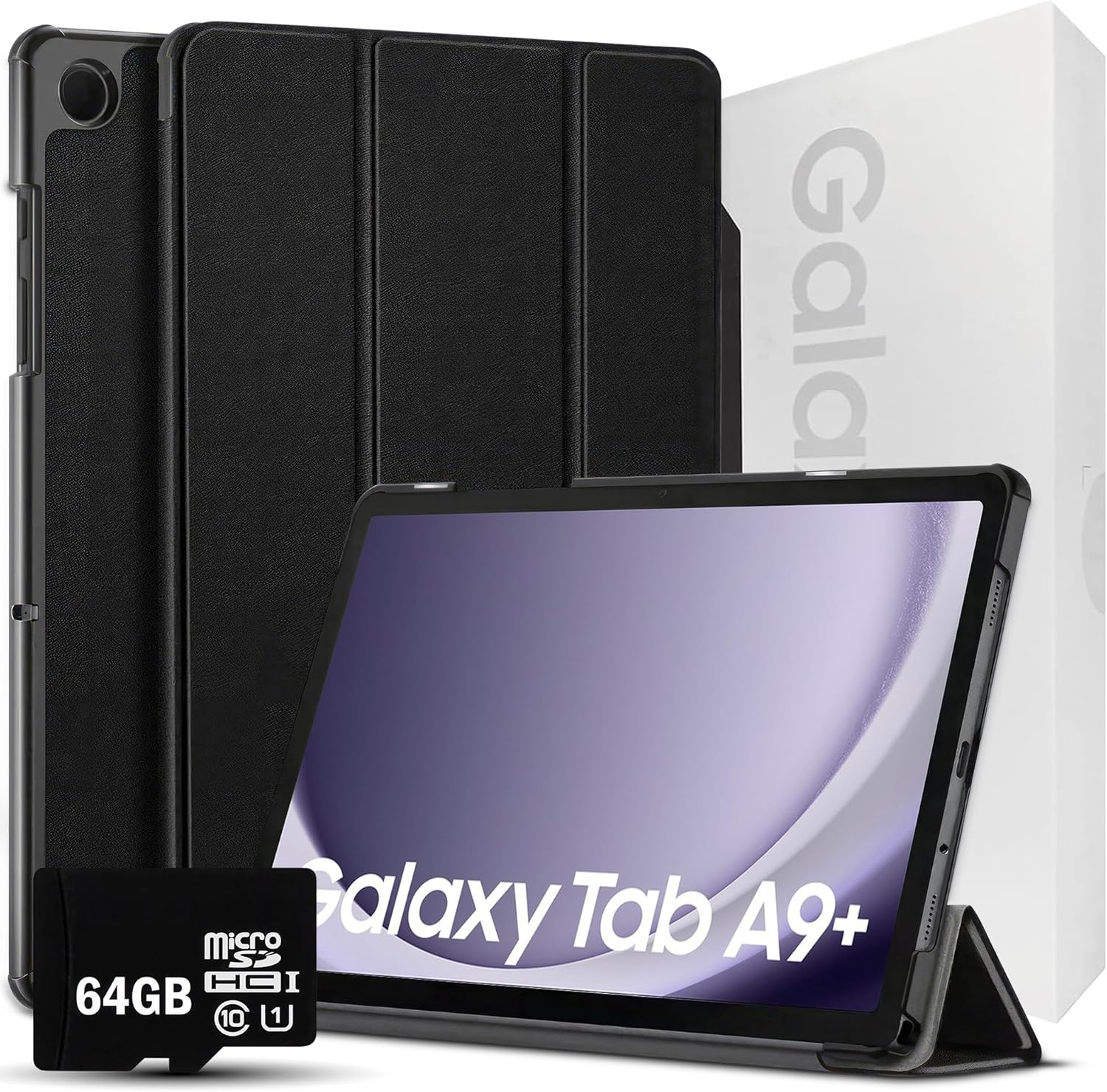 Samsung 2024 Galaxy Tab A9+ 11” 128GB 5G | Android 13 WiFi Touchscreen International | Big Screen, Quad Speakers, Slim | Tablet Bundle - Hard Back Trifold Stand Case + 64GB SD Card (Grey) | MdTec