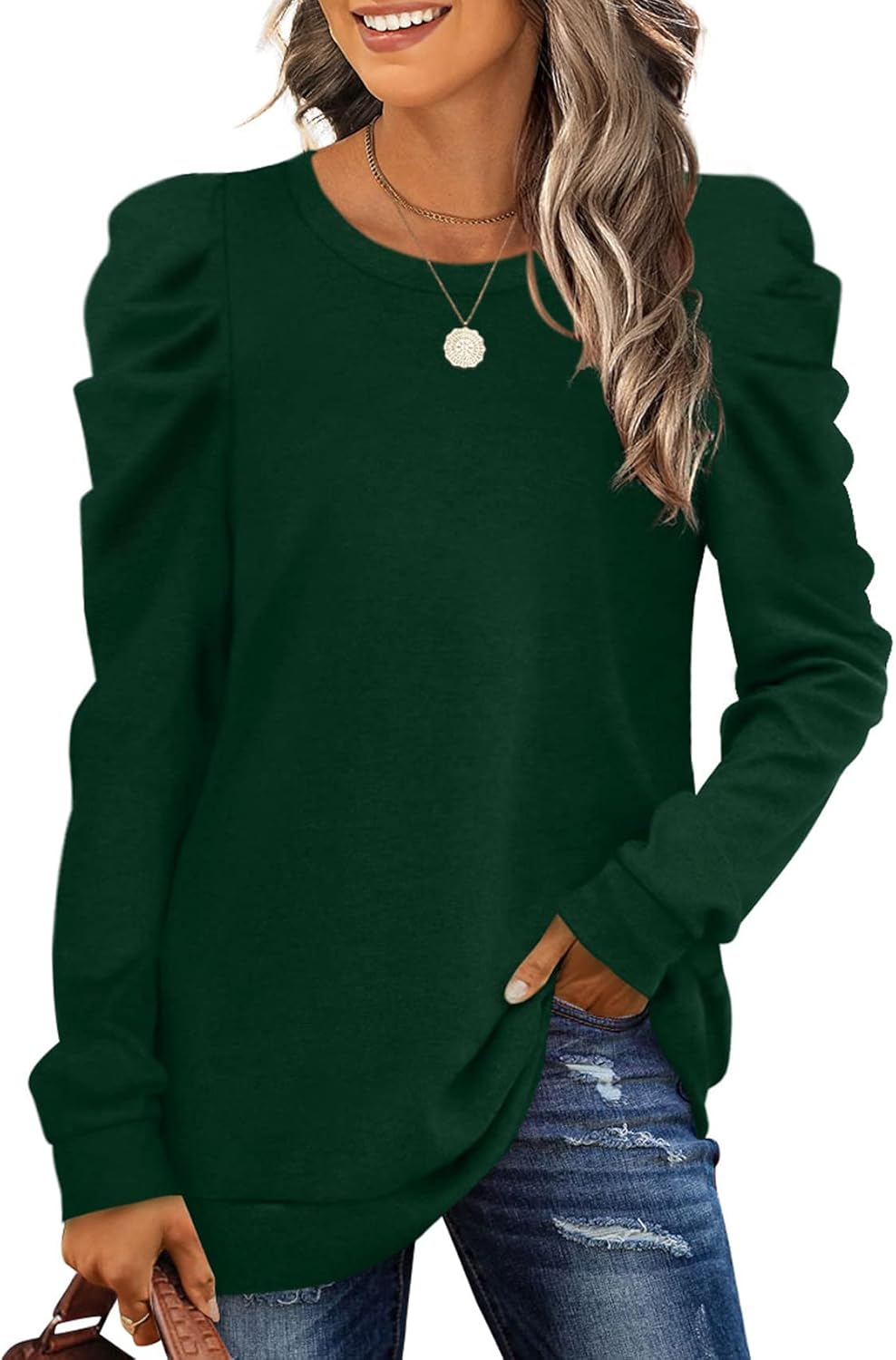 XIEERDUO Women's Crewneck Sweatshirts Trendy Puff Sleeve Tunic Sweaters Fall Clothes Loose Fit