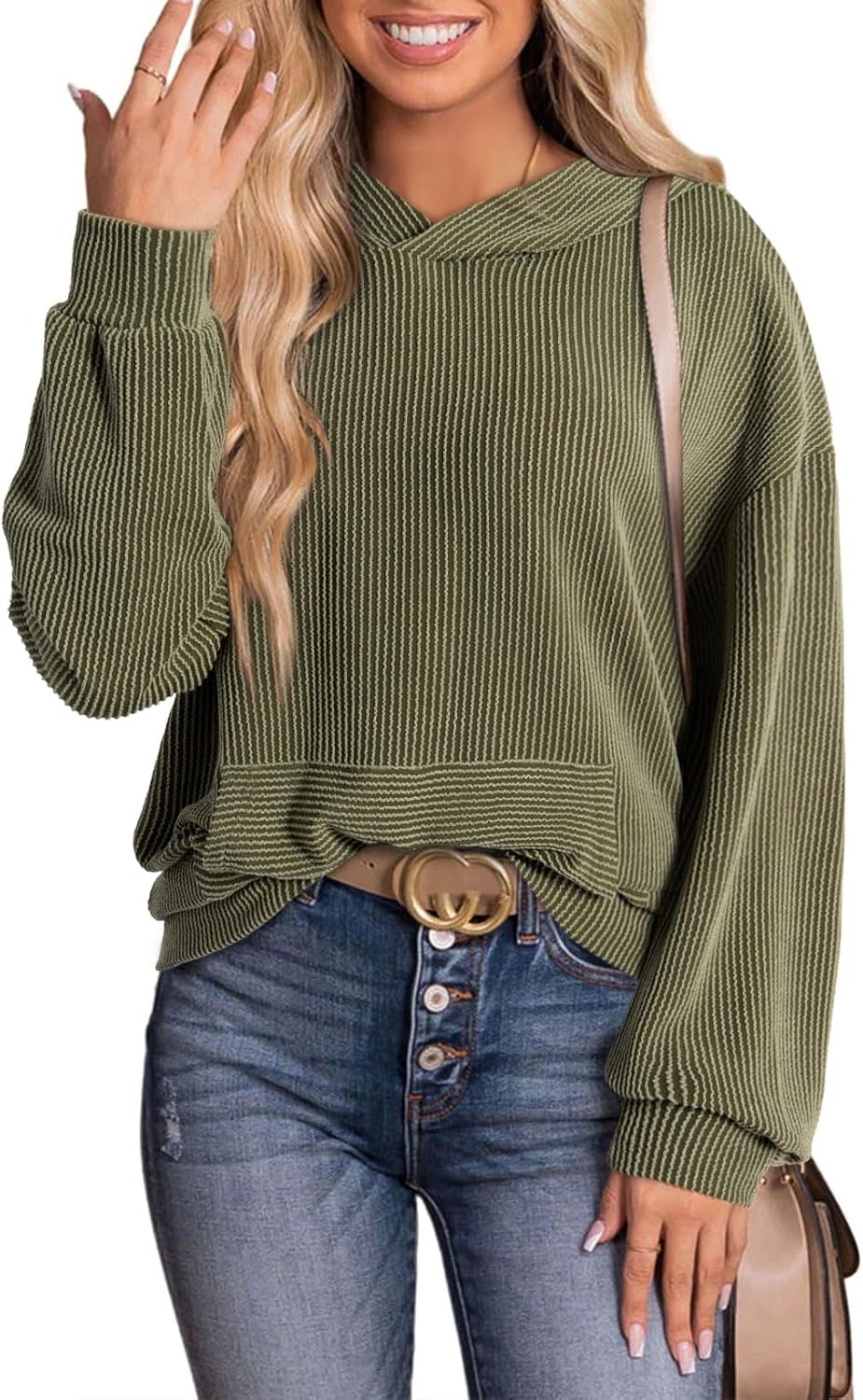 Dokotoo Women's Pullover Hoodies Sweatshirts Casual Loose Long Sleeve Ribbed Knit Shirts
