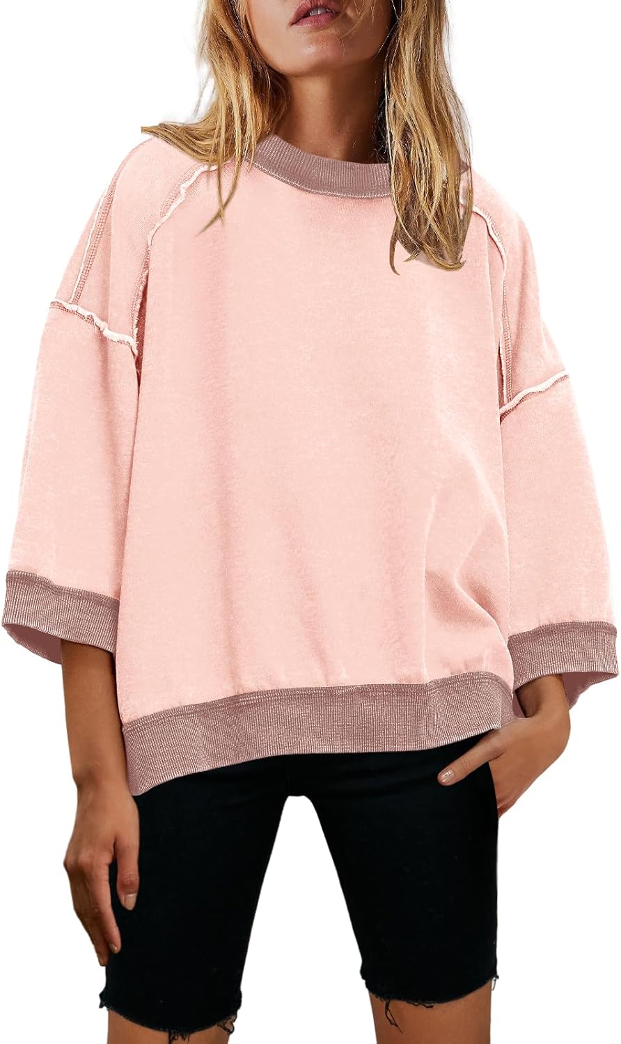Nirovien Womens Oversized Sweatshirt 3/4 Sleeve Crewneck Sweatshirts Summer Color Block Pullover Tops